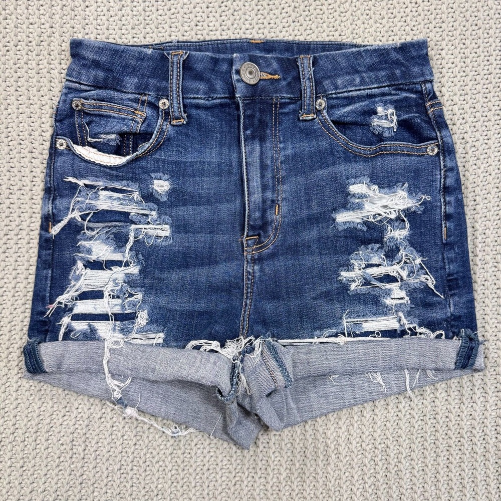 American Eagle Curvy Hi-Rise Shortie Shorts 2 Cut-Off Denim Stretch Thrashed Y2K